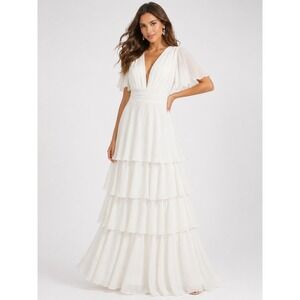 White V-Neck Tiered‎ Maxi Dress Flutter Sleeve Formal Bridal Gown Size 8